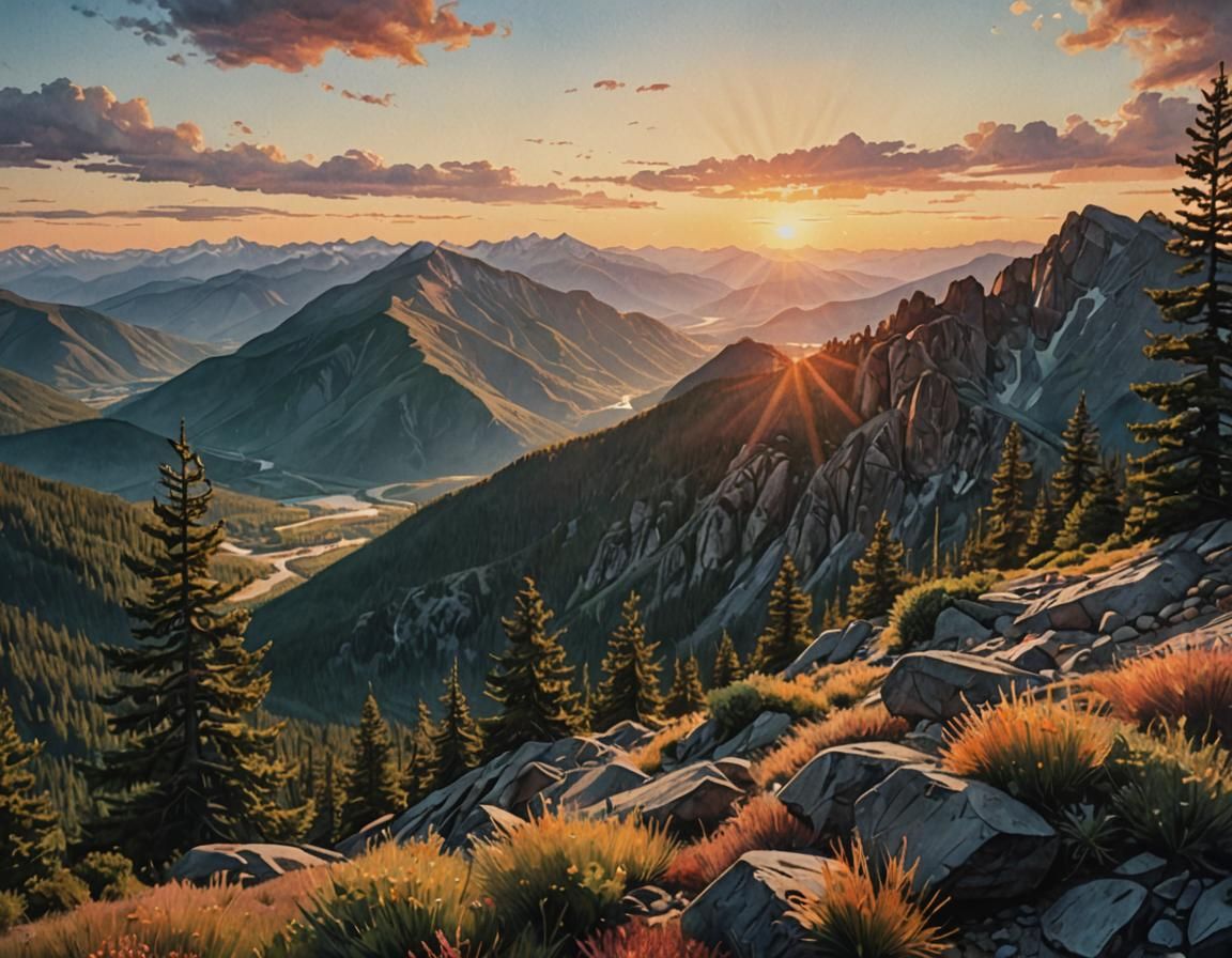 Unrealistically beautiful sunset in the mountains