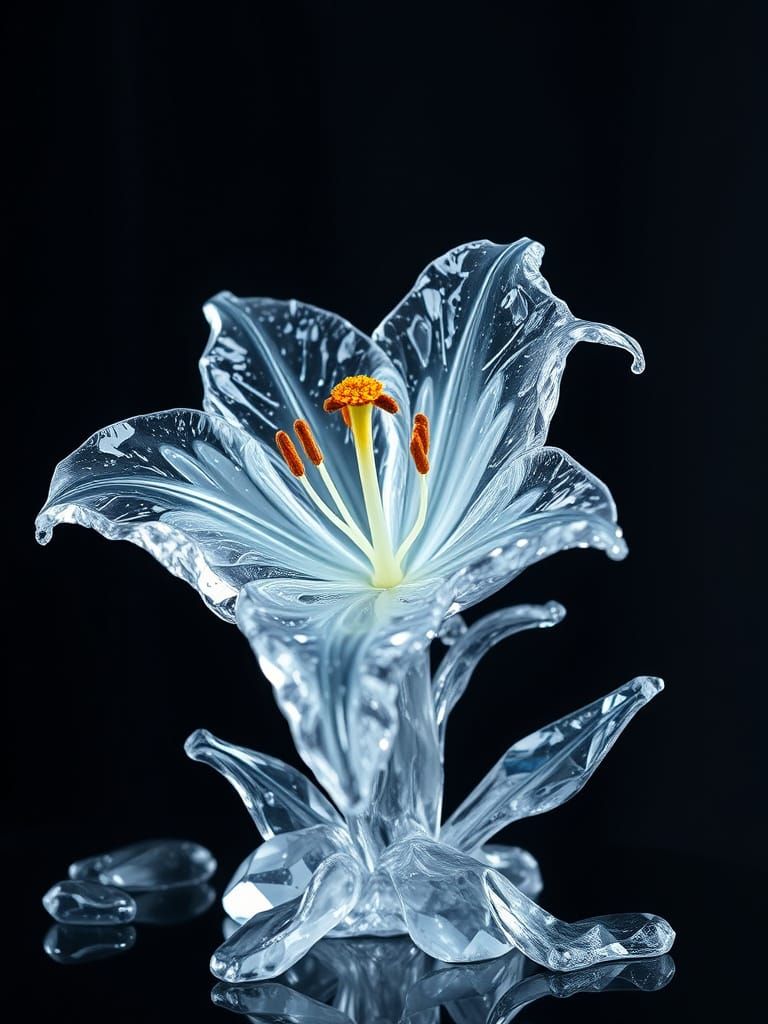 Flower completely made in crystal, Lily flower, meticulous detailed, hyperdetailed, melting ice. Stunning fantasy masterpiece, perfect compo...