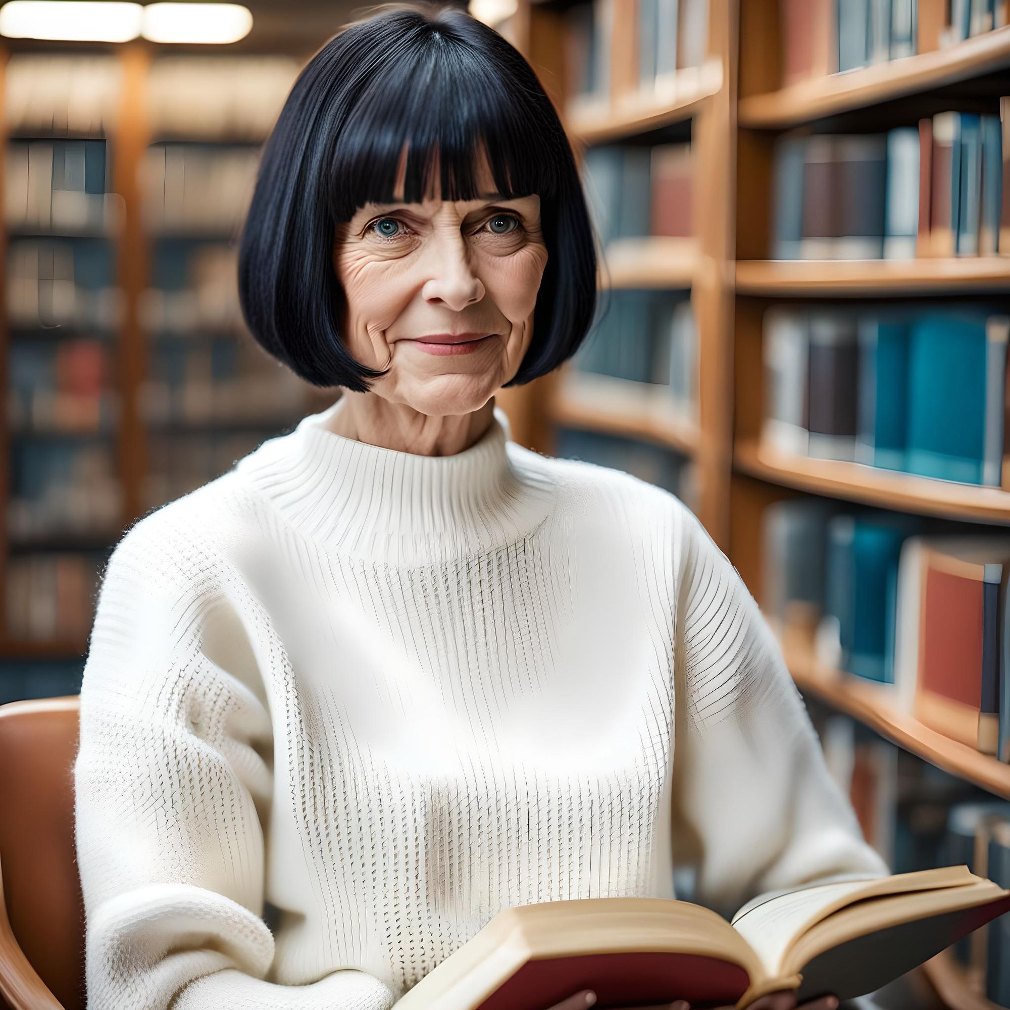 Woman with a black bob haircut sitting in a library