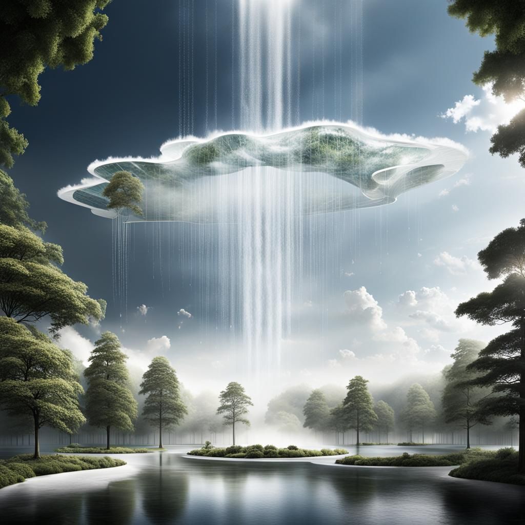 Architectural Water Mist Building in Impressionist Style