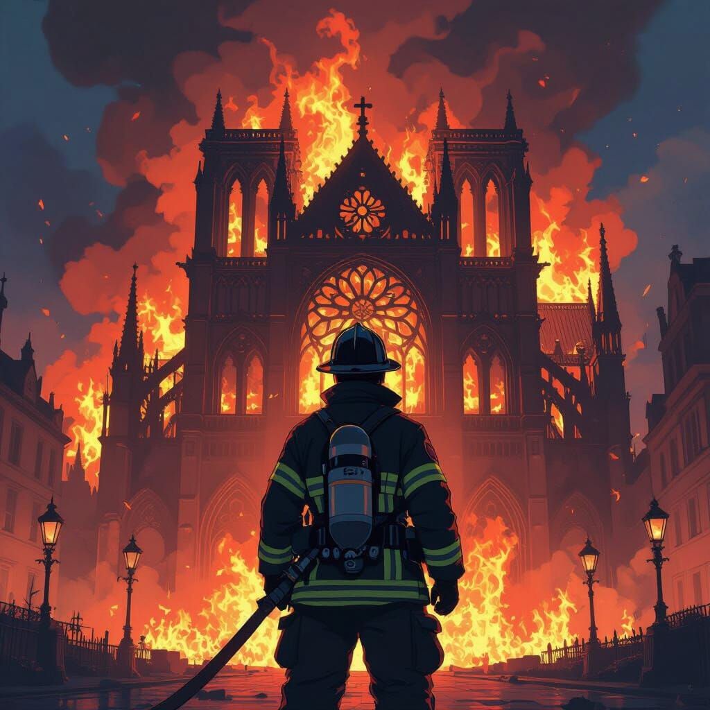Firefighter Silhouetted Against Burning Gothic Cathedral