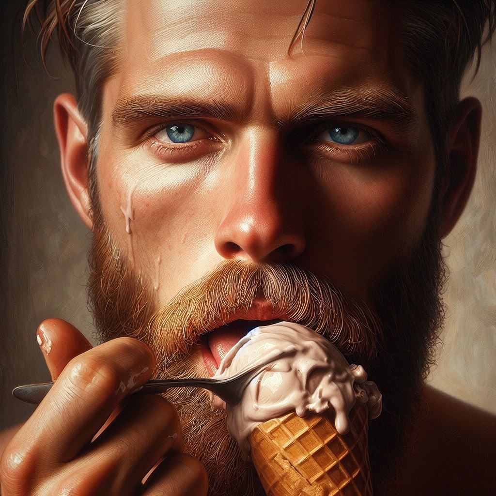 Savage man eating ice cream