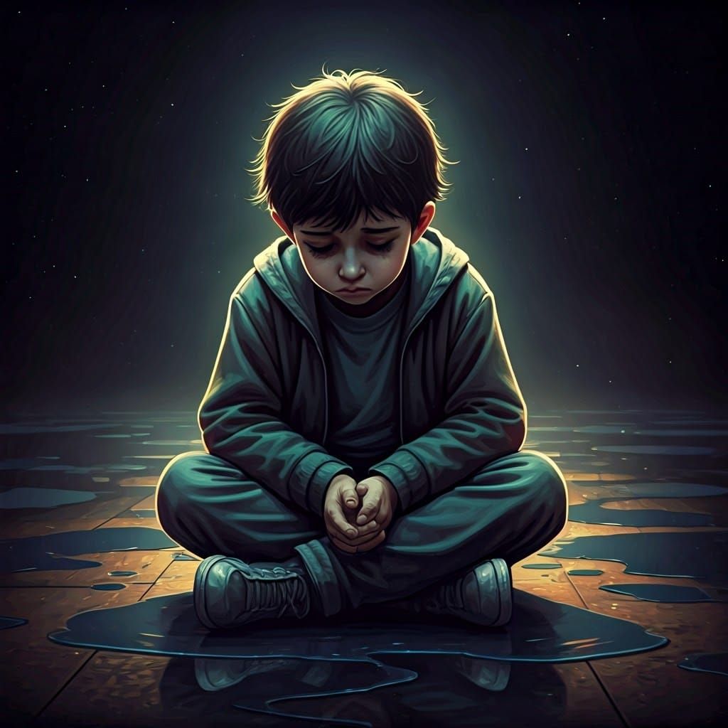 Sorrowful Boy Lost in Thought Amidst Cosmic Puddles