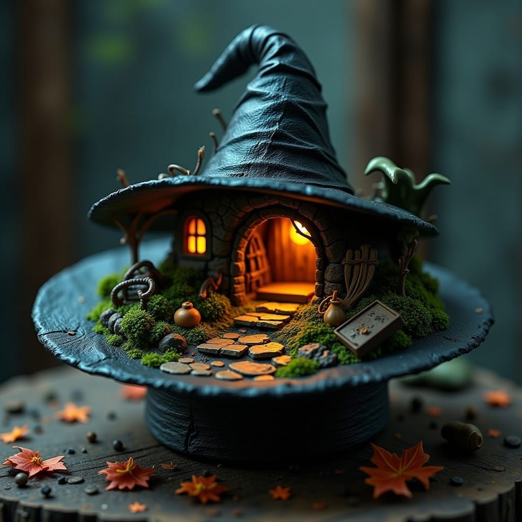 <lora:Diorama Trauma:0.6> mystical Witchcraft, diorama inside a witch's hat.