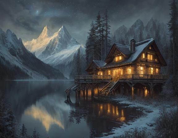 Snow covered cabin in the swiss alps near a lake.