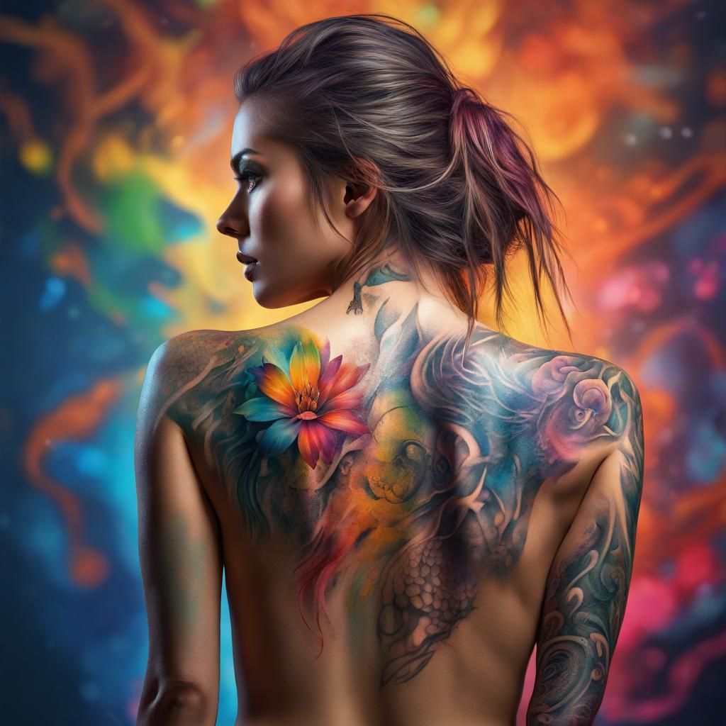 Strikingly Beautiful Woman with Colorful Back Tattoo