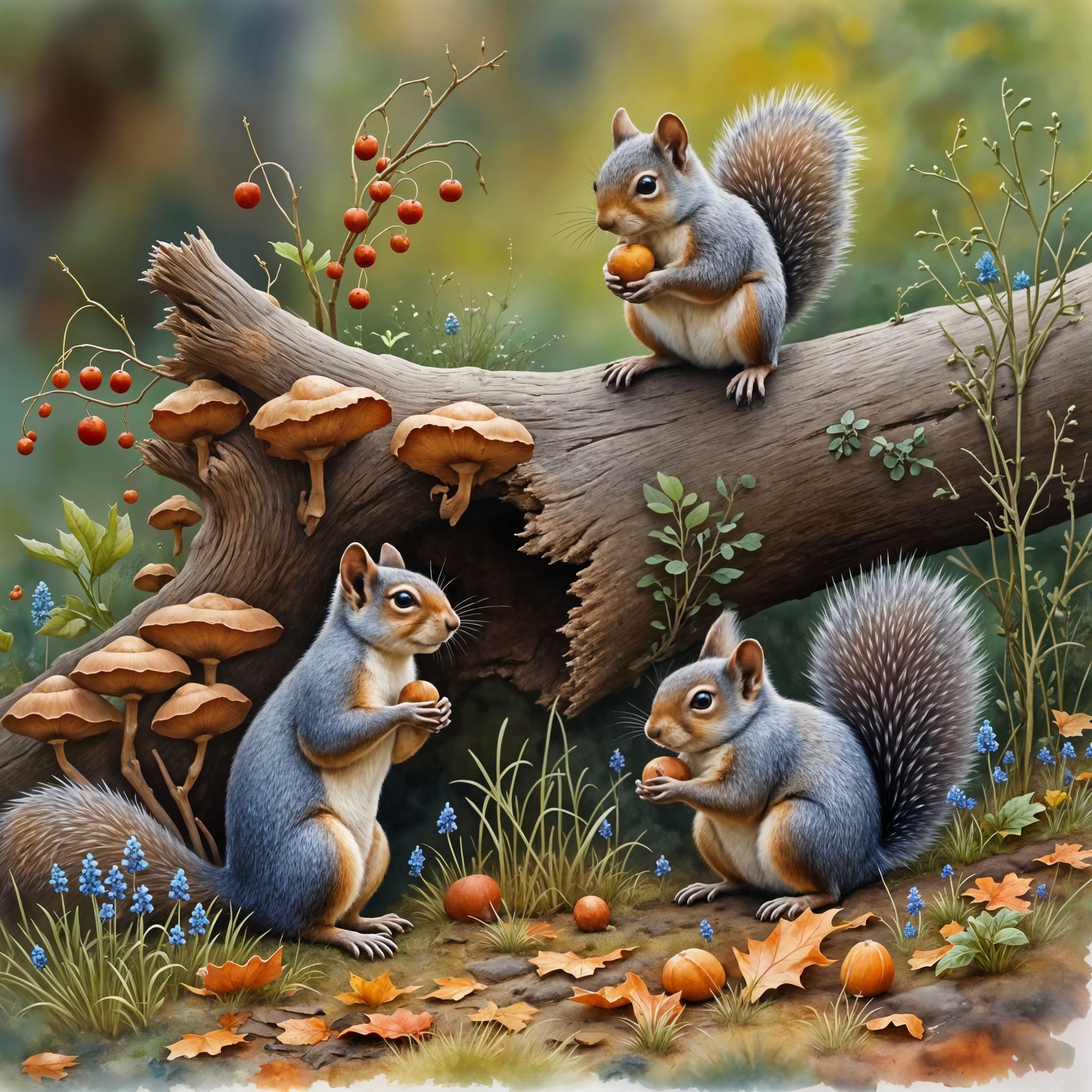 Three Gray squirrels are on the ground foraging for Acorns.   