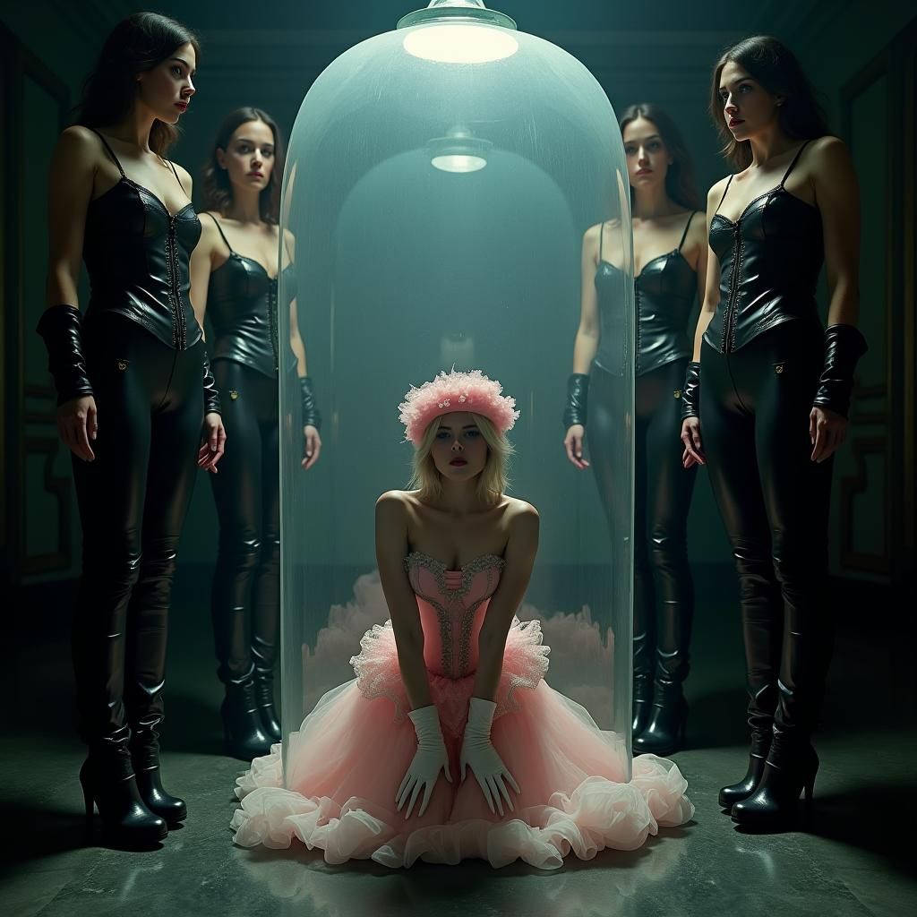 A sissy dressed in pink frocks kneels in a glass cage surrou...