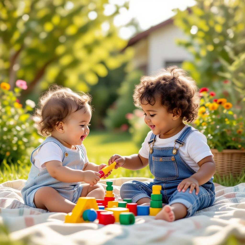 Two Babies Playing Joyfully in a Lush Garden