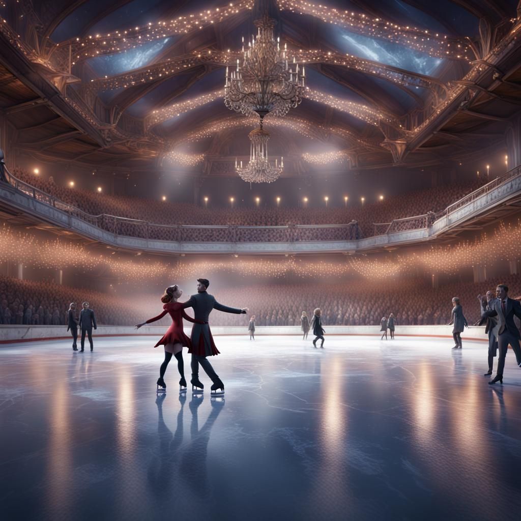 An ice skating arena.  A large audience, a figure skating co...