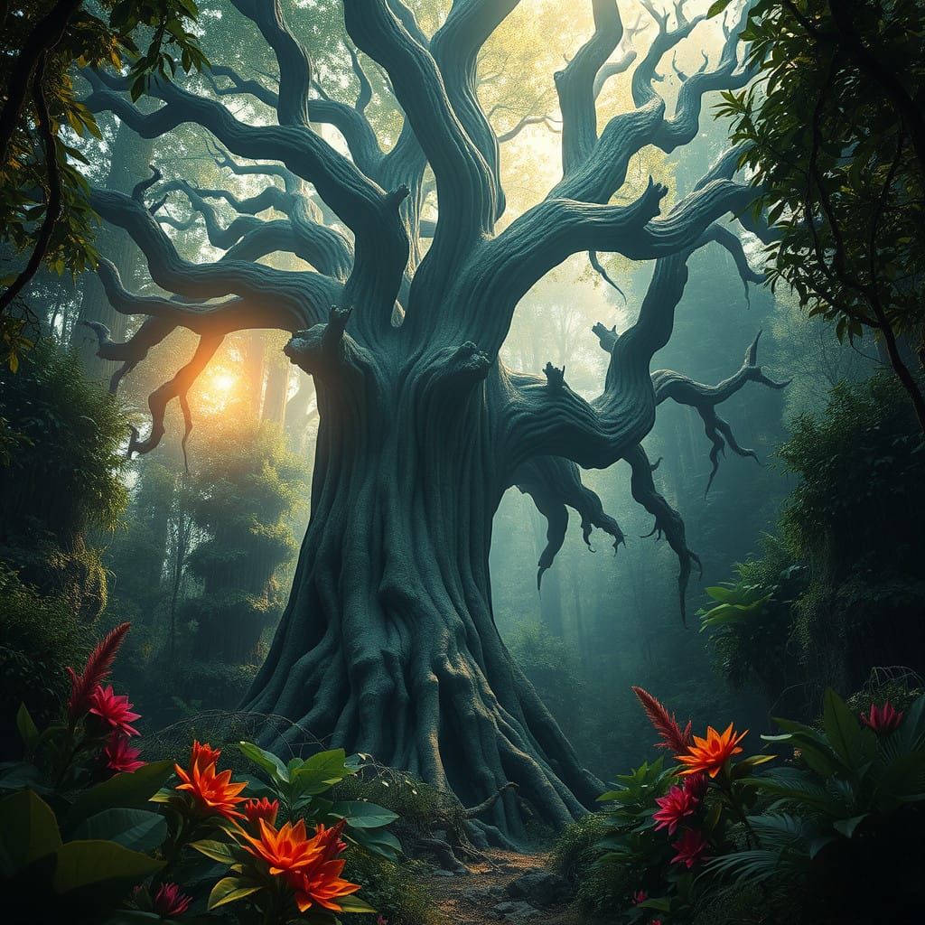 Ancient Tree in Mystical Forest, in a Blend of Organic and F...