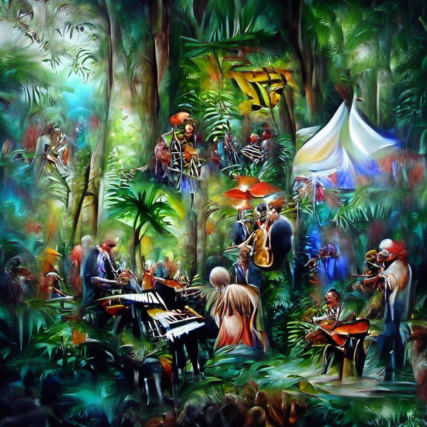 jazz festival in a tropical forest beautiful detailed painti...
