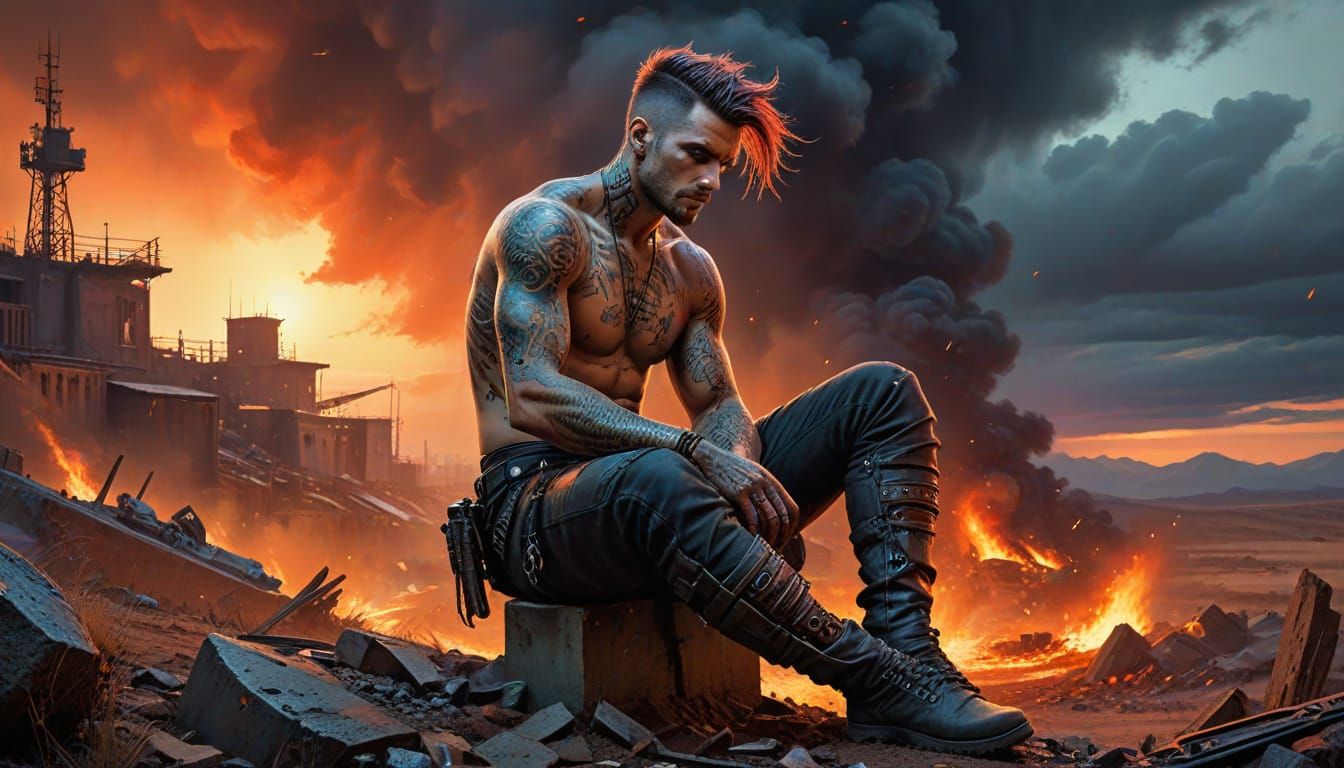 Vibrant Rocker in Post-Apocalyptic Landscape, Insp... - AI Art