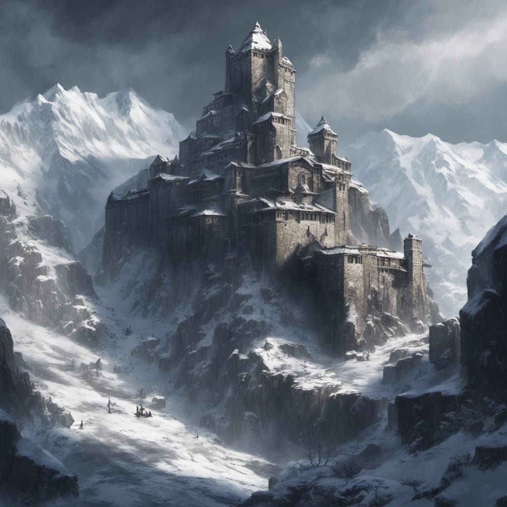 abandoned stone fortress nestled in ice and snowy peaked mountainsides dark and moody mountain valley ...  by @Poupa