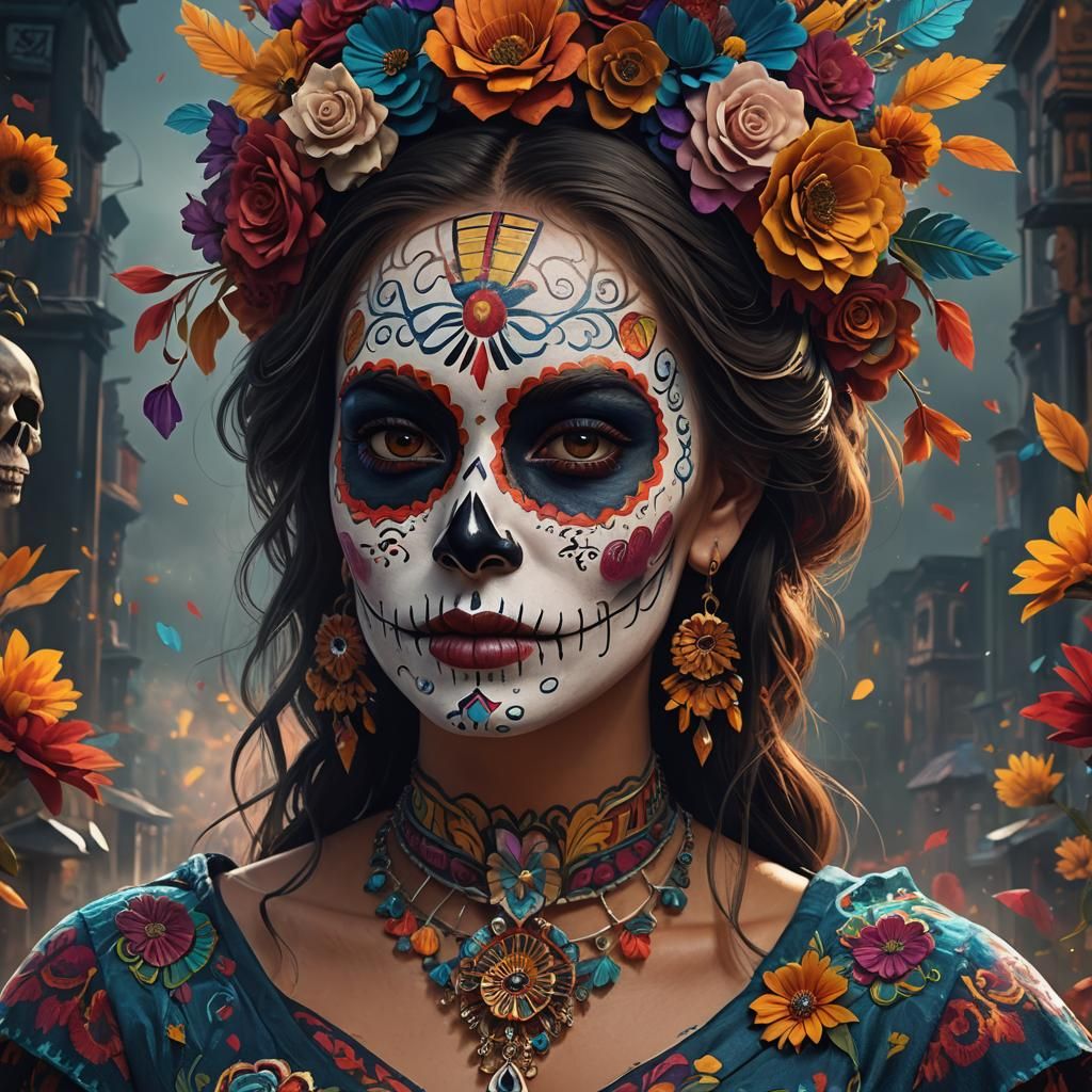 Medium shot of a beautiful woman wearing colorful Día de los...