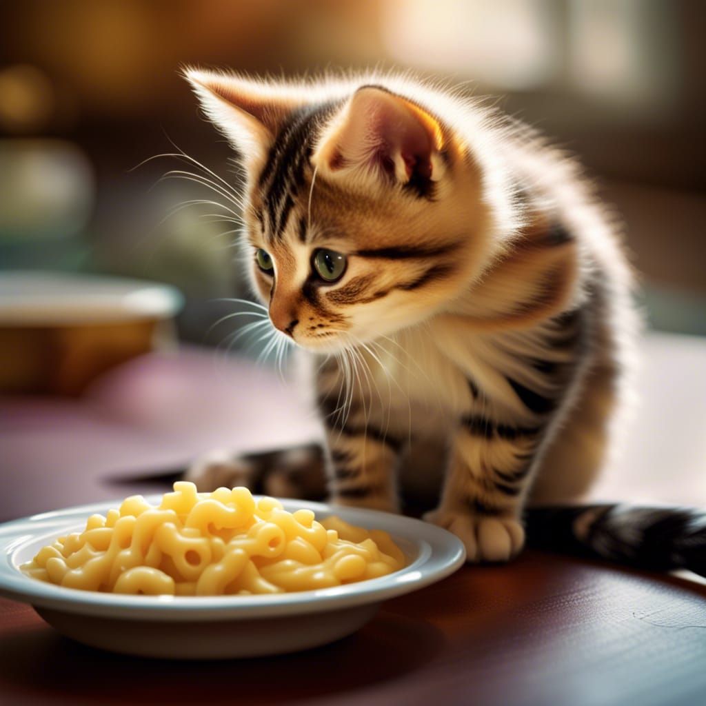 A cute happy kitten enjoying her Mac'n'Cheese dish - AI Generated ...