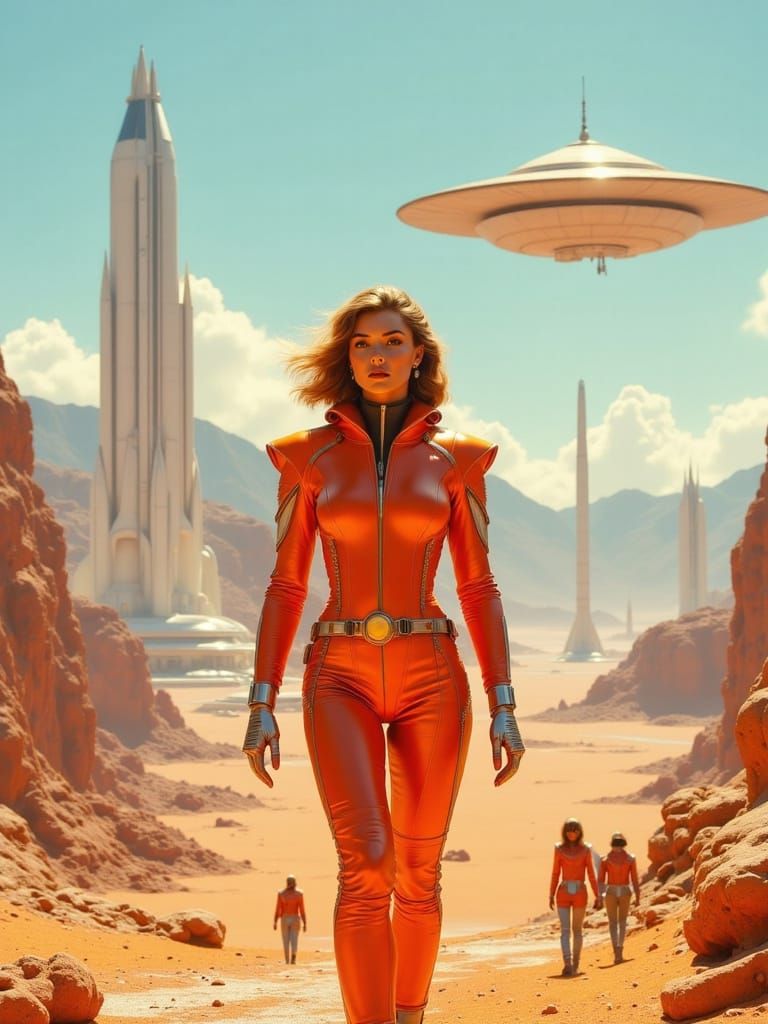 Pioneers Explore Alien Desert Canyon in Futuristic Style