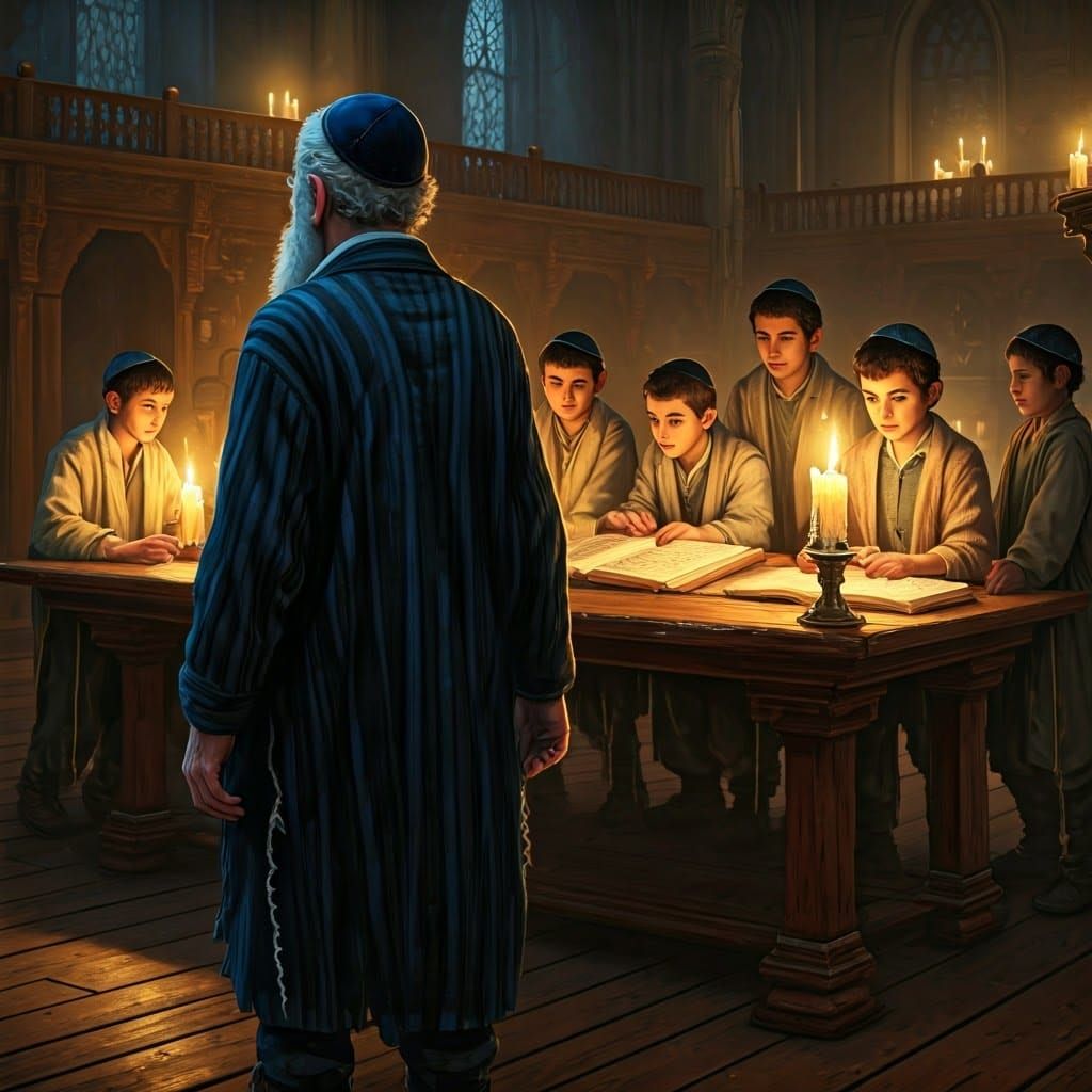 Ancient Synagogue, Devout Jewish Man and Children in Study, ...