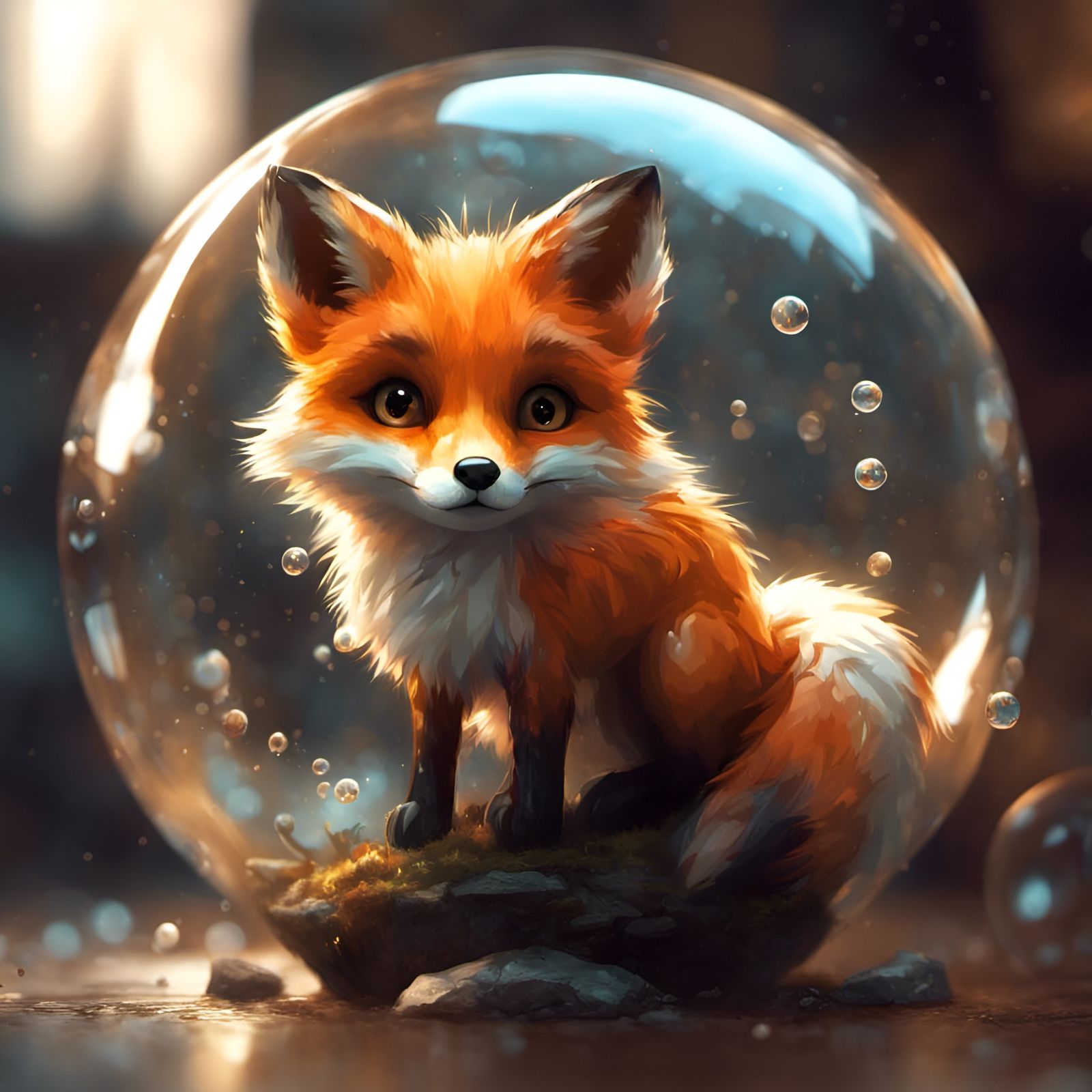 Chibi Furry Fox in Bubble, Detailed 3D Rendering