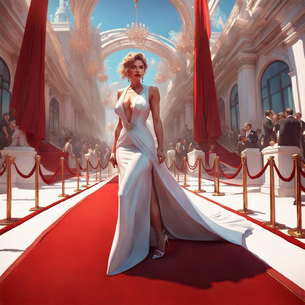 a view looking down a red carpet lined with reporters as an elegantly dressed woman steps out of a white ...  by @DecloDee