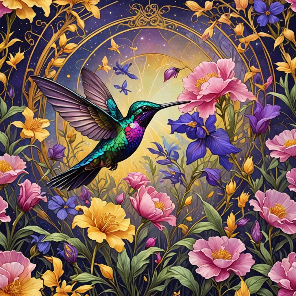 An art nouveau hummingbird in a garden, yellow mallow, pink ...