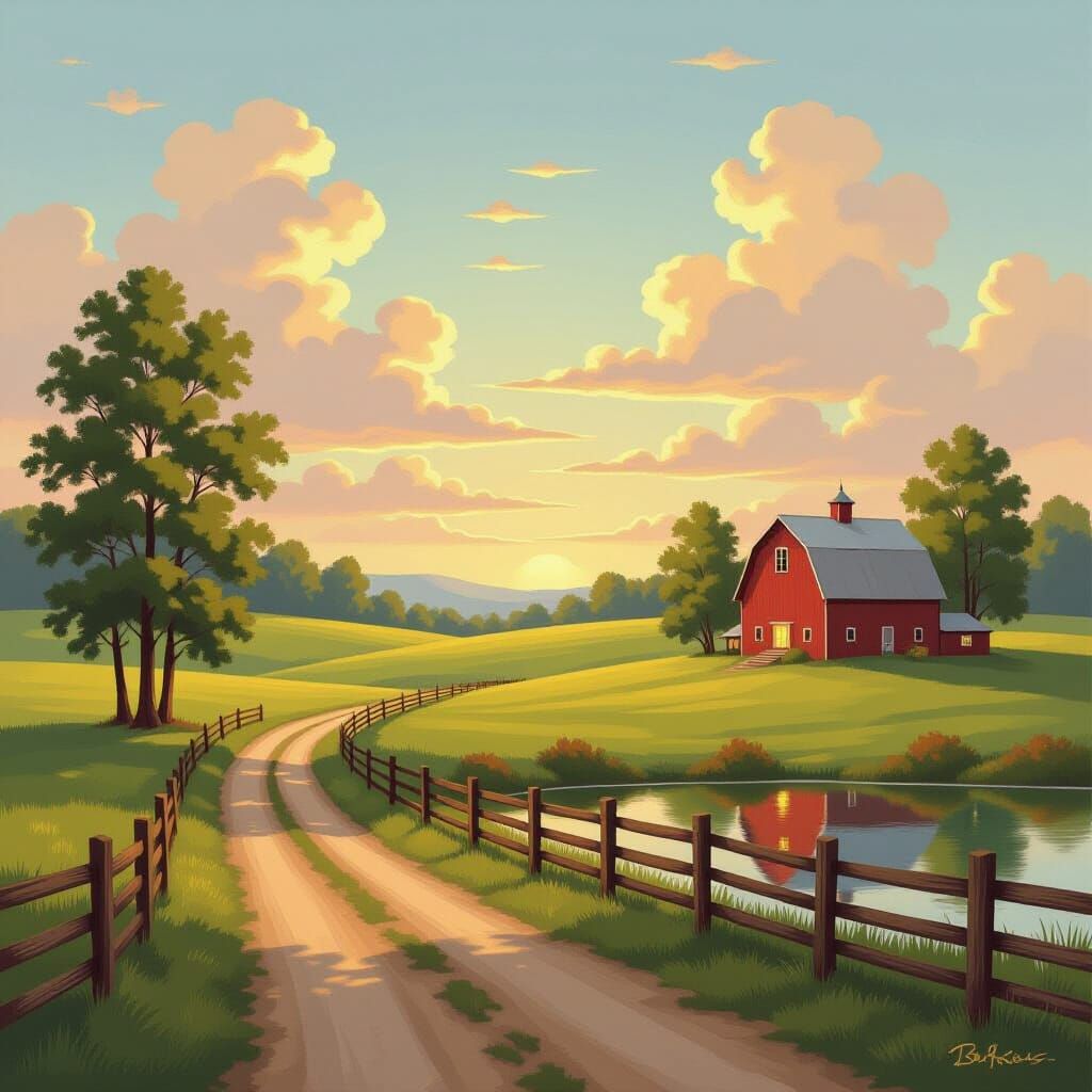 Paint a peaceful rural American landscape in the soft, calming style of Bob Ross. Rolling green fields stretch into the distance beneath a w... - Start Image 1