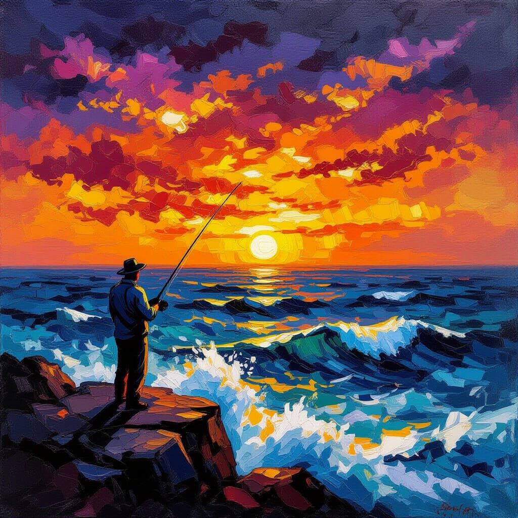 A lone fisherman standing on a rocky ledge, casting his line out and down into a vast, turbulent ocean at dawn. The waves are rendered with ...