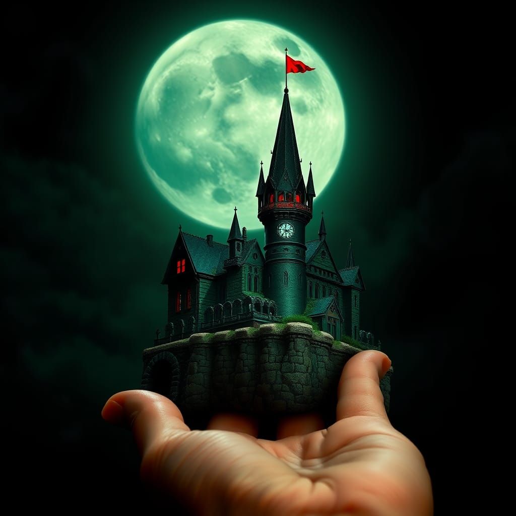 Macro shot of Dracula's castle sitting on a hand. Dark sky, full moon