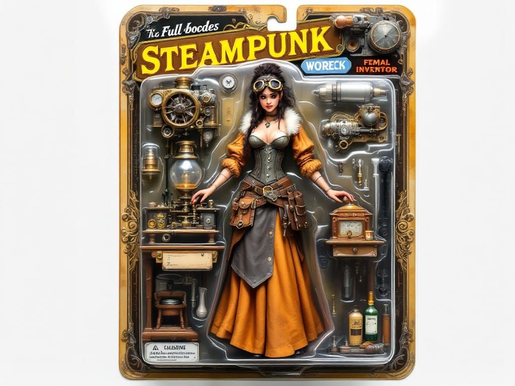 Design an action figure box for a full-bodied female steampunk inventor, complete with a plastic blister ...  by @K J Baker