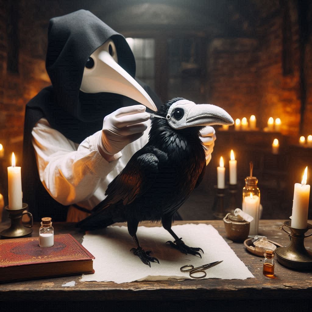 plague doctor putting medical mask on pet crow