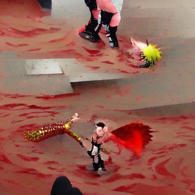 A punk god steps on a bloody human