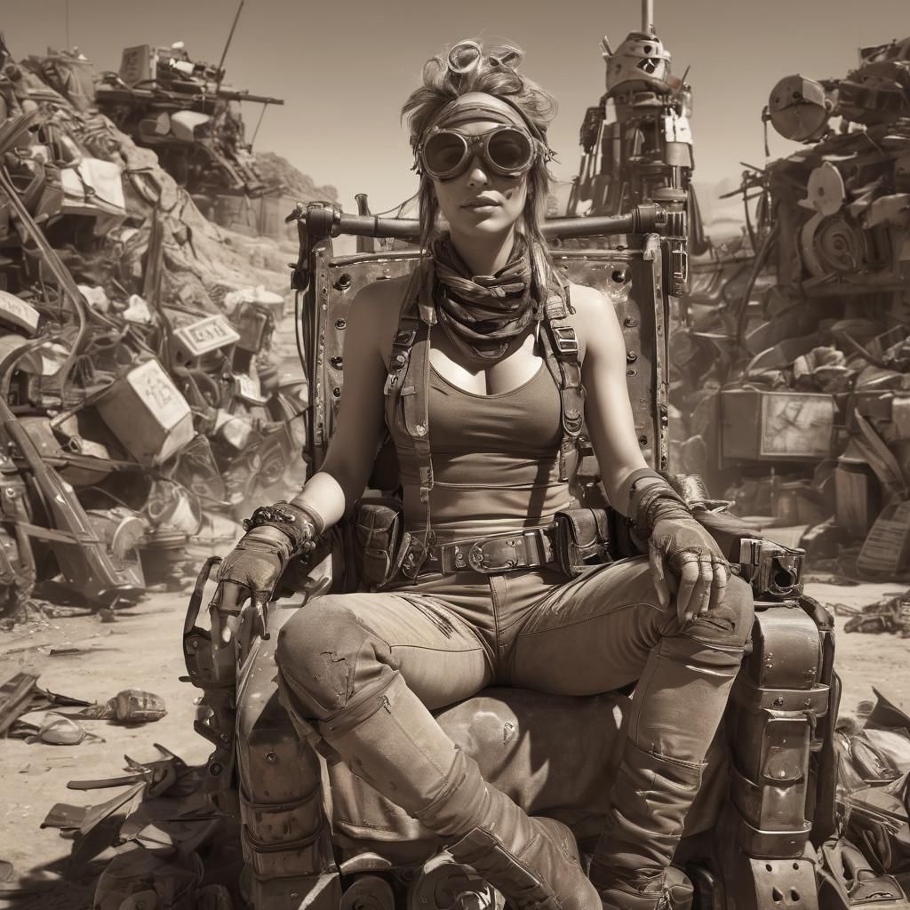 tan relaxed and smirking female junk queen of the wasteland in tattered wasteland clothes wearing a bandana and goggles sitting in her scrap...