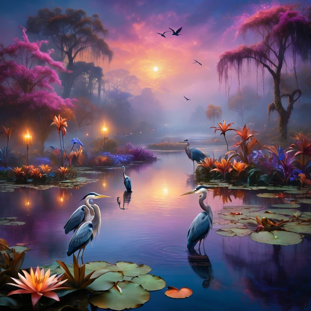 In the foreground a Group of Herons swim on the lily pond