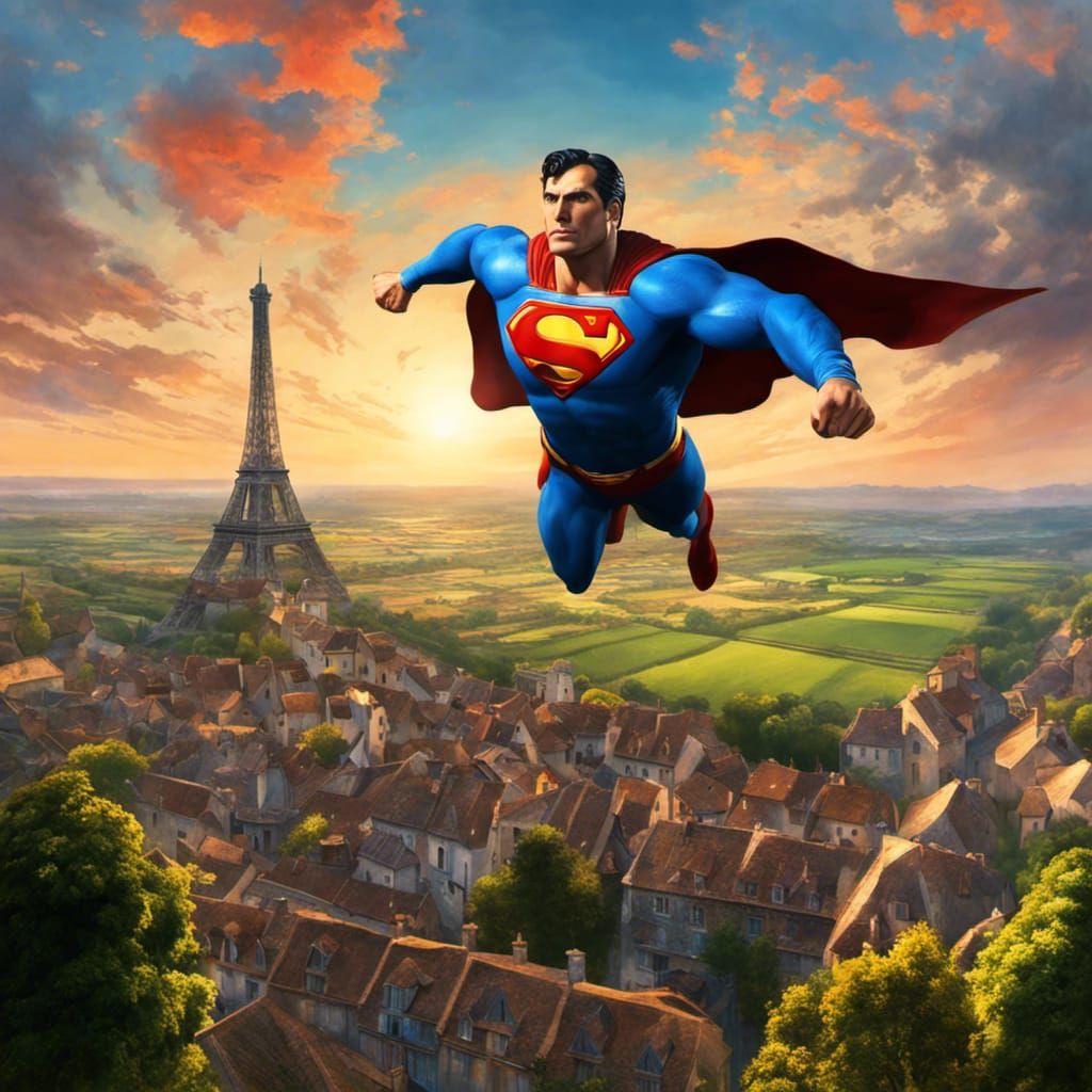 Superman wearing a beret flying near the eiffel tower on Craiyon