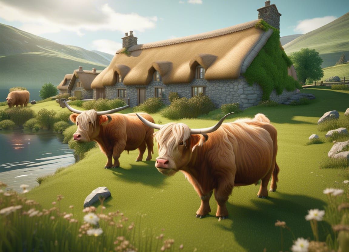 Scottish highland cows eating grass near stone cottages  by @Tiny Pearl Cat