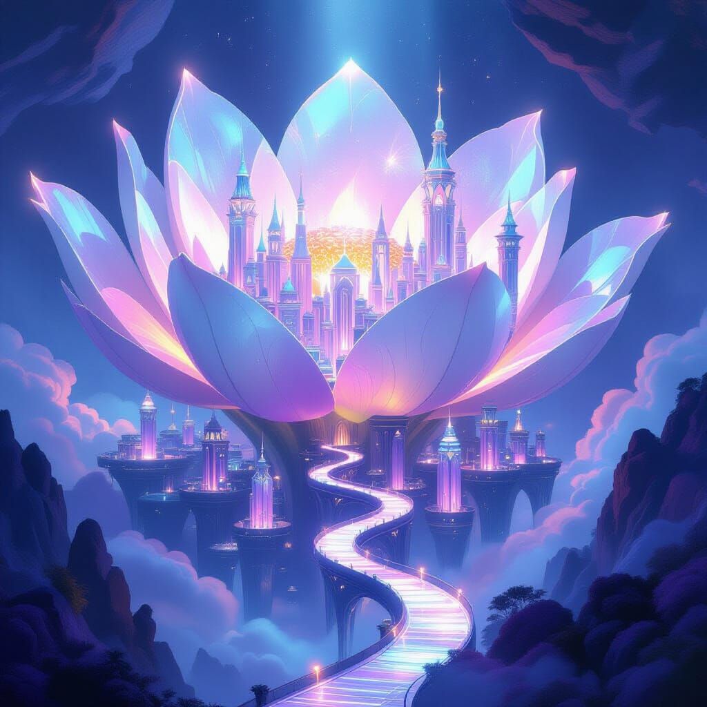 Fantastical City Inside Giant Luminous Flower Petals