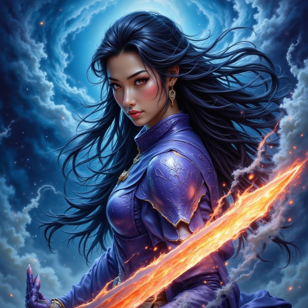 <lora:Hyperrealism Loves U:1.0> Create a strong and triumphant Asian character, inspired by a notable historical figure. She has long hair a...