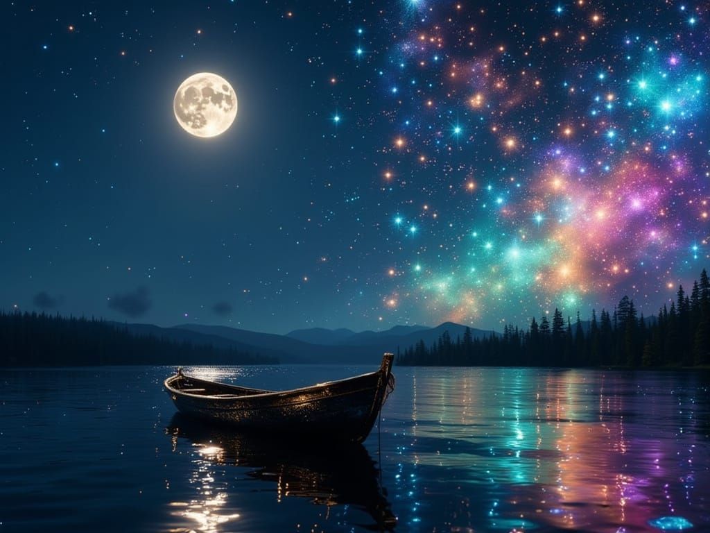 <lora:Exquisite Flux:1.0> moon night boat hyperdetailed color gradient beautiful colourful holographic ...  by @undefined