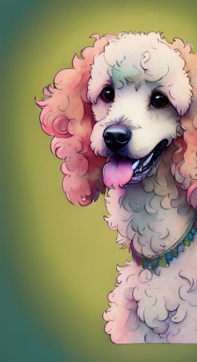 Water colour painting of a happy Poodle dog, head and should...