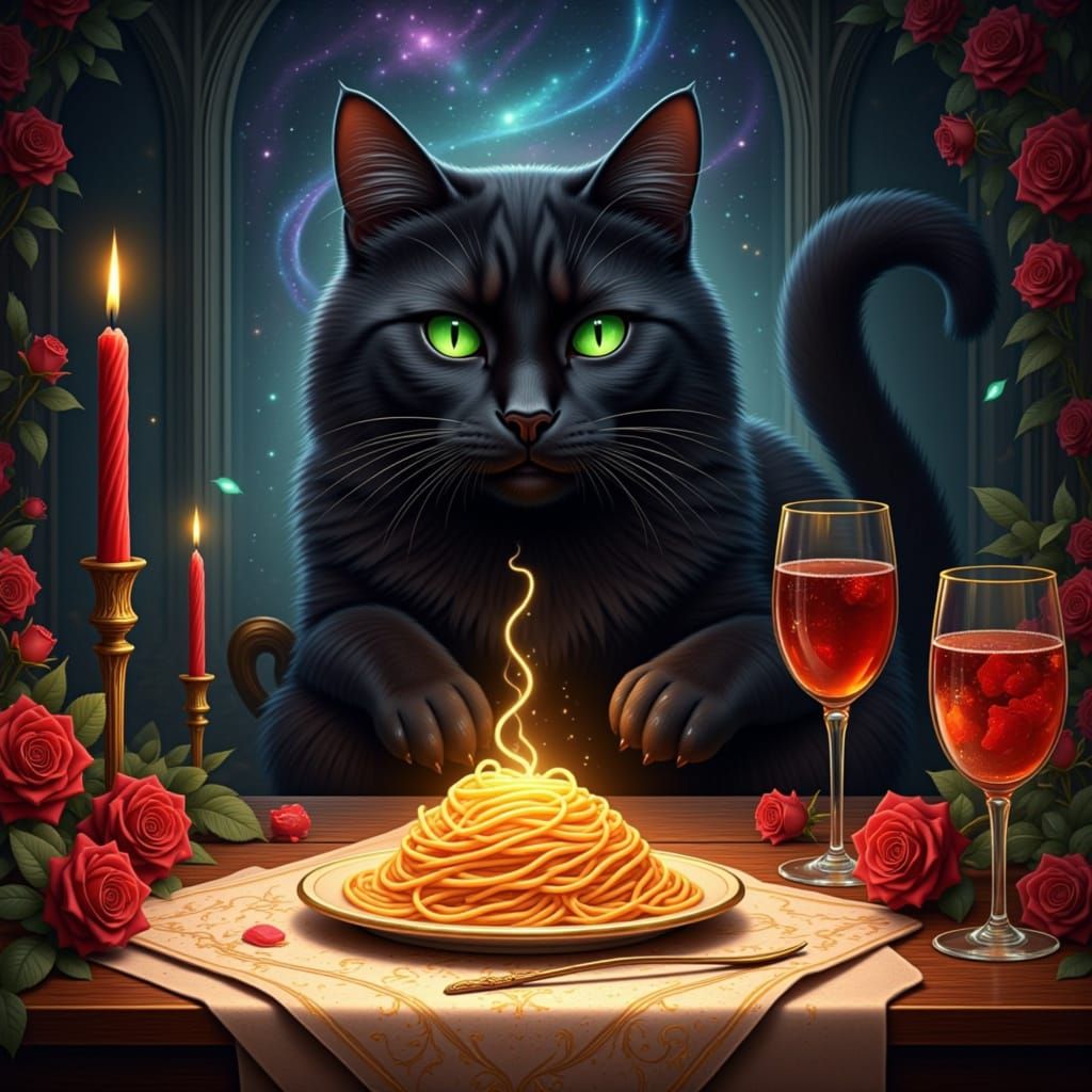 scintillating Albus the black cat emerald green eyes celebration celestial Thomas Kinkade fancy dinner spaghetti roses romantic 🍝✨💖 <lora:AL...