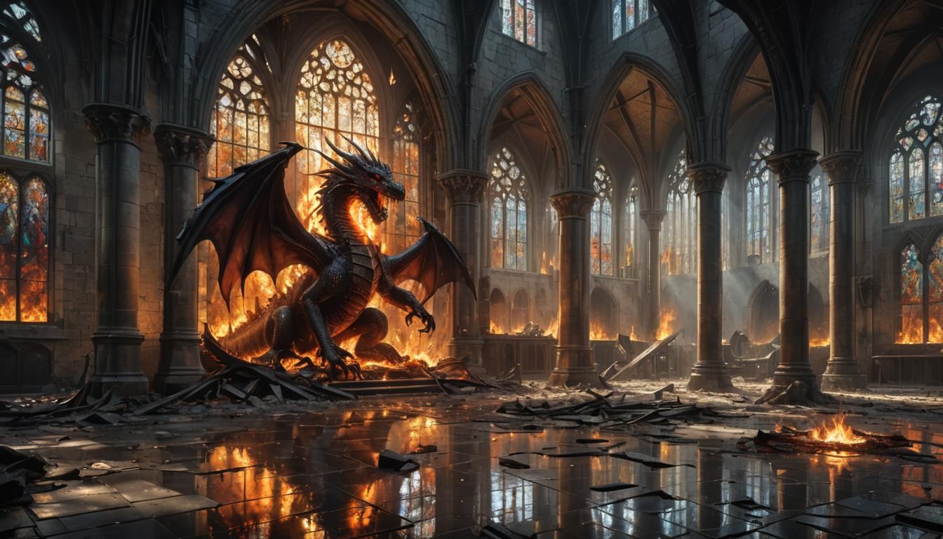 Fire spitting dragon in damaged church with stained glass (( is broken )) and shattered light mirrored ...  by @ALIENZ