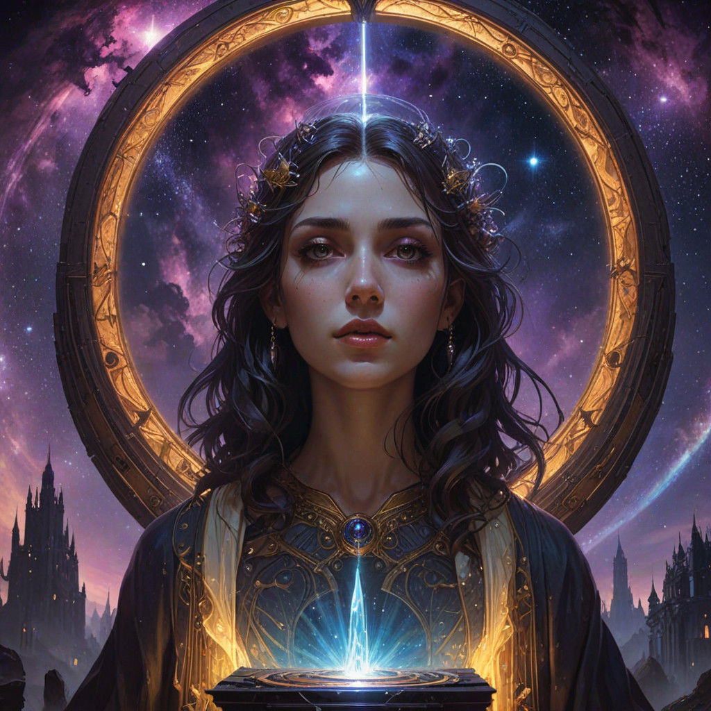 Glowing Obelisk Amidst Black Hole Halo in Cosmic Art Style