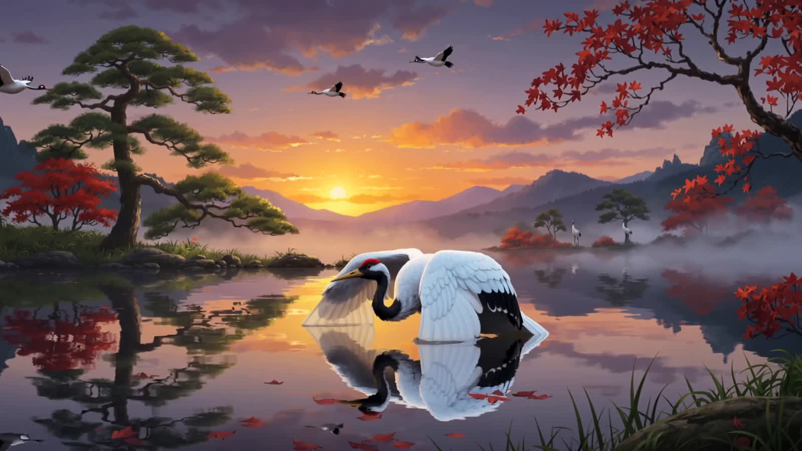 A majestic Japanese crane rises gracefully from a still reflective lake at golden sunset, wings slowly outstretched in a...