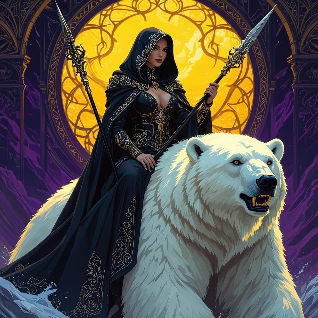 Woman on Polar Bear in Dark Fantasy Style