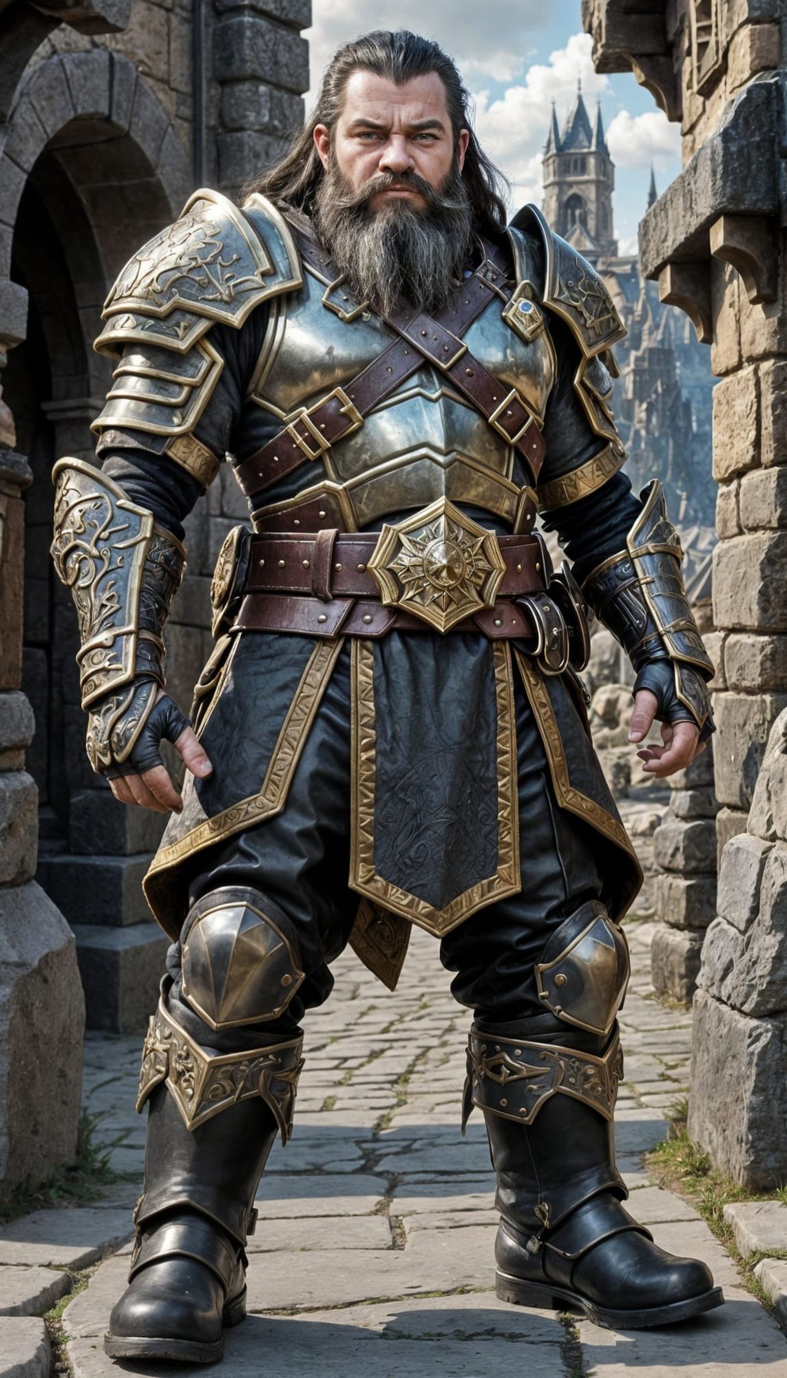 a dwarf standing, mid-lenght black hair and beard, wearing iron armor, leather belt with gold buckle, black leather pants, black metal boots...