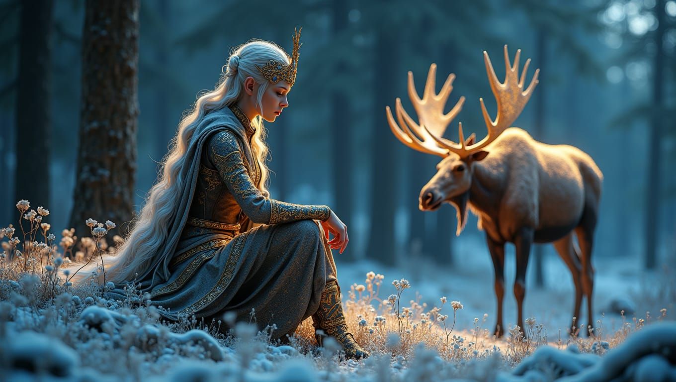 The elf and a moose in a winter forest