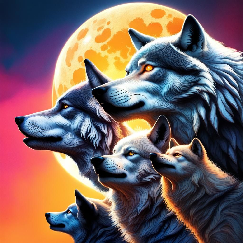 pack of wolves howling at the moon Hyperrealistic, splash ar...