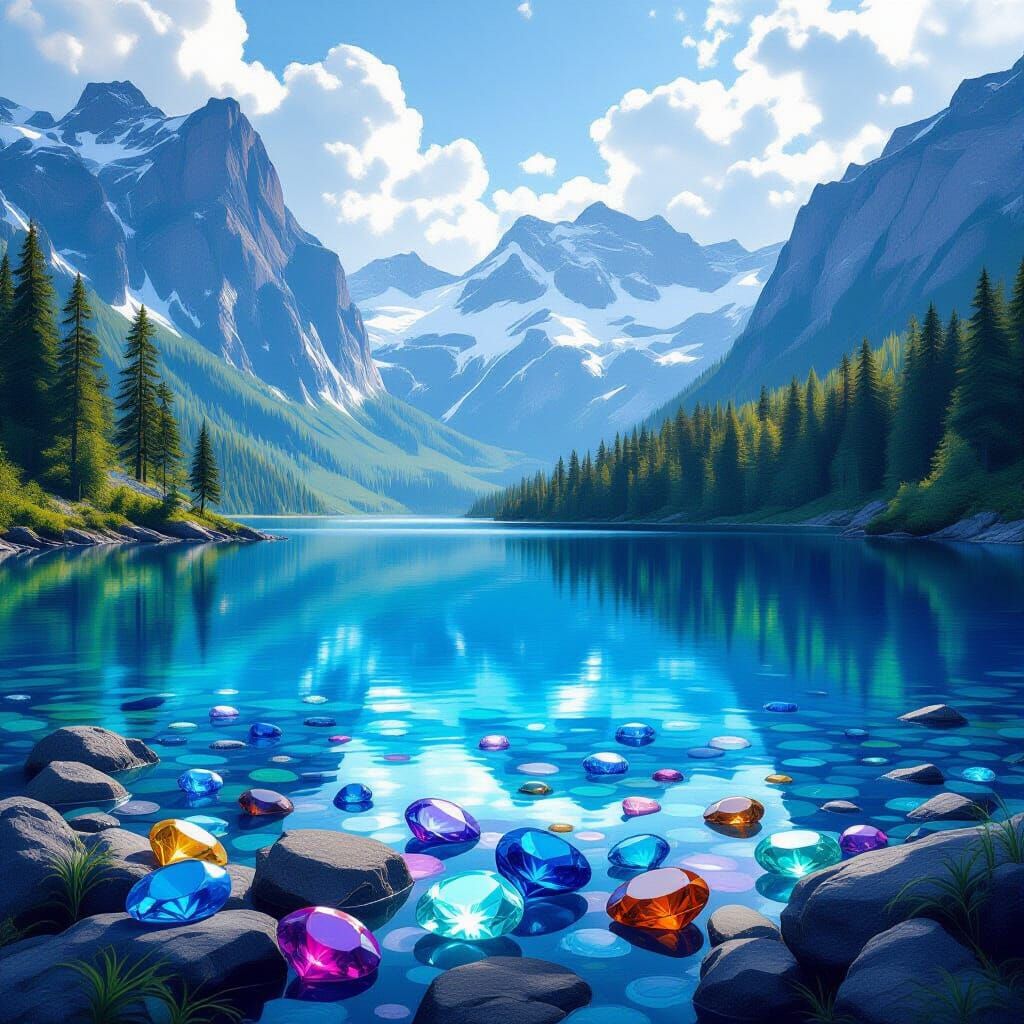 Sparkling gems, deep translucent colored stones covering the bottom of a clear, blue mountain lake surrounded by trees.