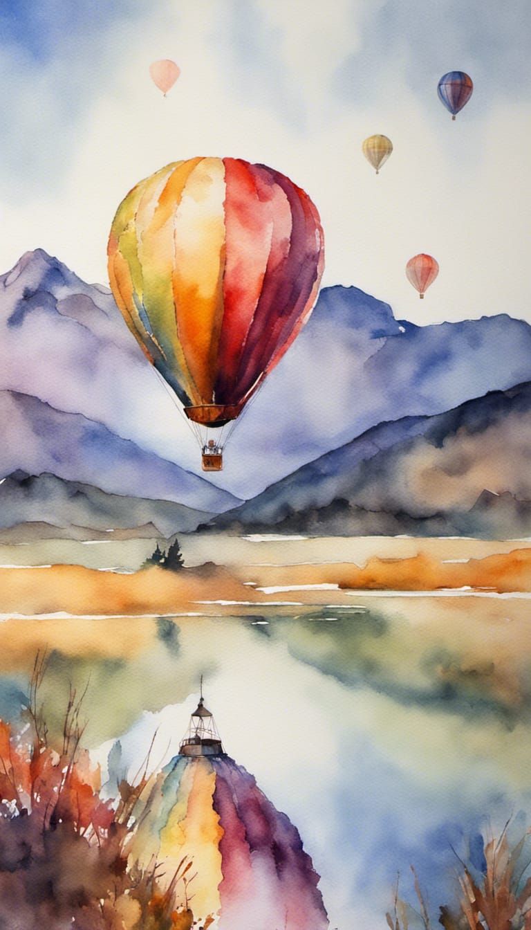 impressionism, watercolor, mountain, hot air balloon, bright...