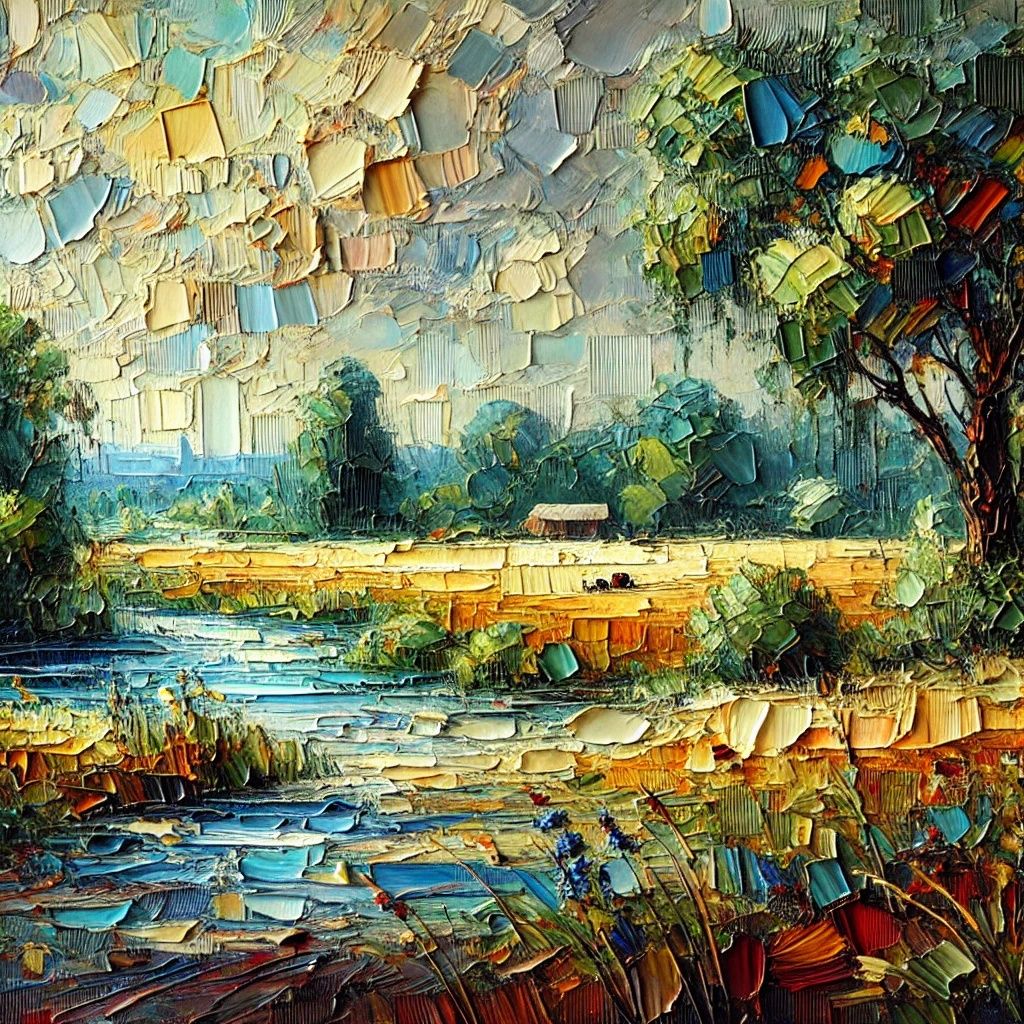 Sunlit Landscape by the River. DALL-E 3 AI image prompt in m...